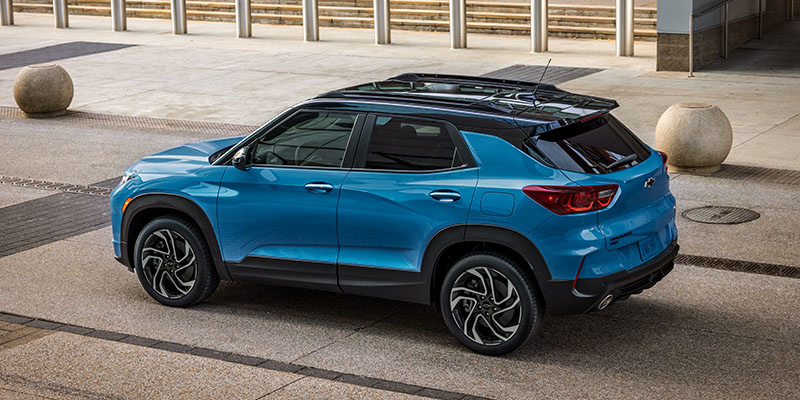 The image features a blue 2026 Chevrolet Trailblazer, showcasing its compact SUV style and vibrant color.